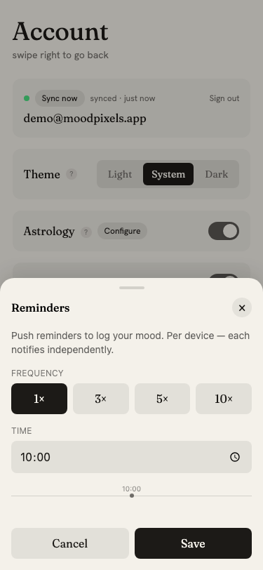 Reminders settings panel